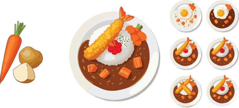 ura, vegetable, carrot, potato, sauce, gravy, delicious, lunch, dinner, homemade, traditional, gourmet, serving, portion, set, collection, vector, illustration, isolated, tasty,