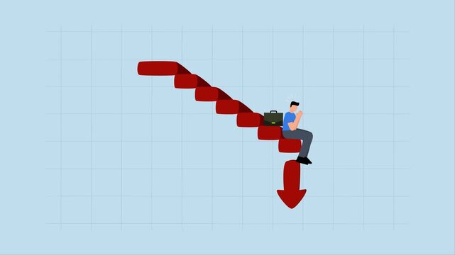 Capital loss, 4k animation of Struggling entrepreneur investor amid plummeting red graph and chart