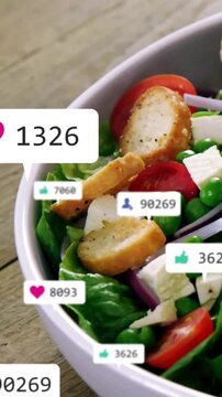 Vertical video: Camera panning right, badges popping left, counts updating to show likes over salad