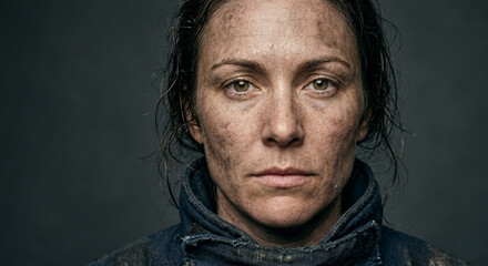 Fototapeta premium Close-up Portrait of a Resilient Woman with a Dirt-Smeared Face and Wet Hair, Embodying Strength and Determination