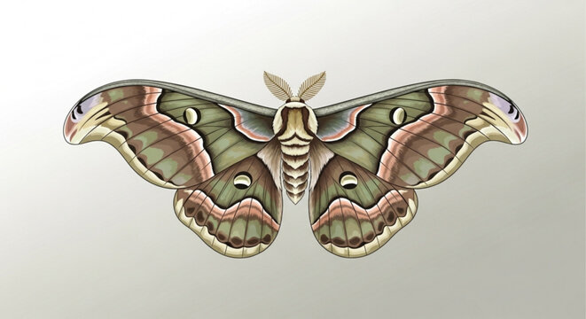 Large colorful moth with green and pink wings spread wide on white background