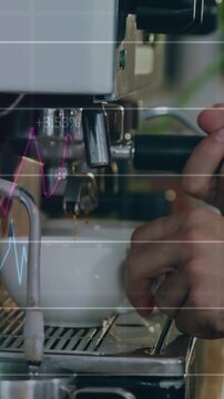 Vertical video: Barista placing cup, monitoring shot, removing portafilter for crema with charts