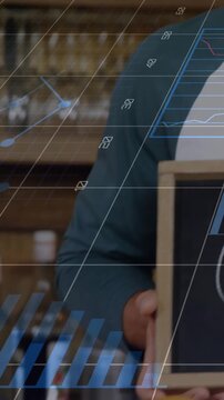 Vertical video: Barista moving board, showing cafe menu while HUD charts covering him and espresso
