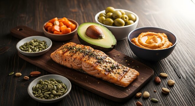Delicious salmon fillet with various healthy side dishes
