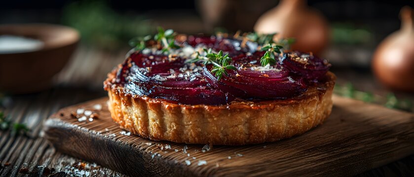 Rustic beetroot tarte tatin with fresh herbs and sea salt on a dark wooden cutting board in moody lighting for a gourmet vegetarian appetizer or savory dinner concept