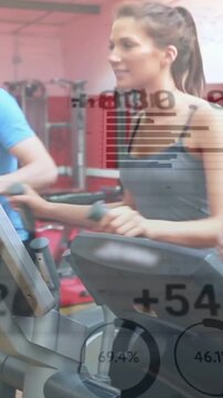 Vertical video: Woman starting cardio, gripping, turning to partner, tracking progress via overlays