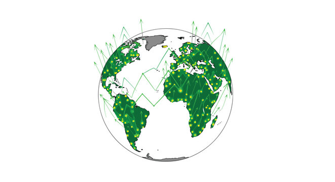 A minimalist grey and green globe displays a network of glowing green dots connected by lines with numerous green upward-pointing arrows emerging from its surface on a white background.