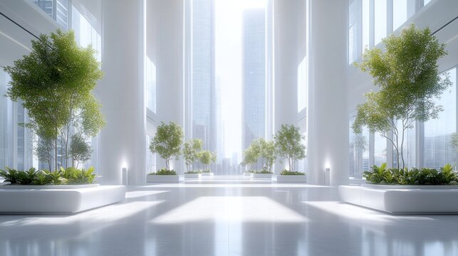 Modern atrium, city view, plants, sunlight, lobby