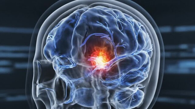 3D medical visualization. Close-up of human brain inside transparent skull. Glowing red stroke or hemorrhage in temporal lobe. Detailed blue blood vessels. Neurology healthcare.