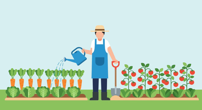 Gardener watering plants in a vegetable garden 2.