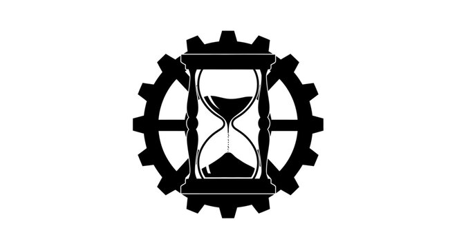 Industrial time management, gear cog hourglass, mechanical timer, productivity symbol
