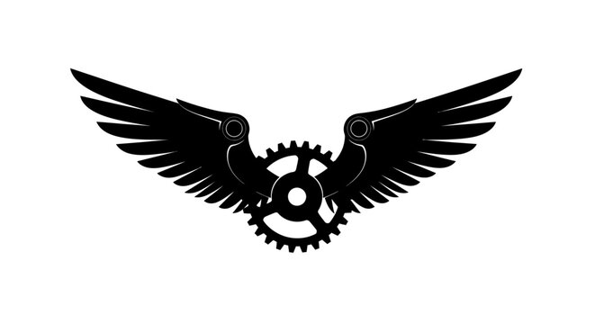 Black gear wings, mechanical bird, industrial symbol, steampunk icon