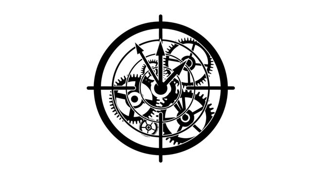 Gear clockwork mechanism, crosshair target, industrial design element, black vector icon