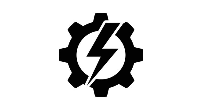 Industrial gear, lightning bolt icon, mechanical symbol, black vector logo