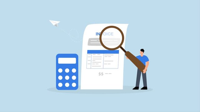 Invoice, 4k animation of businessman holding magnifier on invoice document