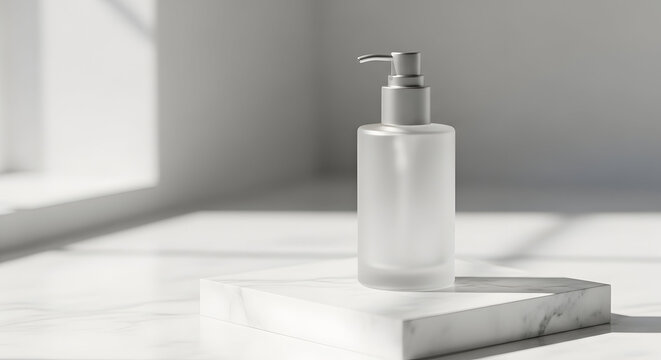 Frosted glass lotion dispenser bottle on a white marble pedestal under natural sunlight.
