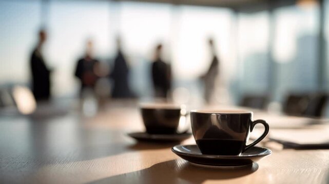 Coffee cups on table blurred executives, sunlit highrise boardroom scene showing professionals in discussion during coffee break, focus on cup and saucer, papers and laptop out of focus, calm
