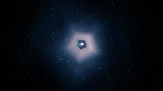 A pentagonal tunnel formed by bright light and waves of smoke extends into the distance, moving into the future. View through sparkling particles. Slow mo, slow motion, high speed camera, 200fps