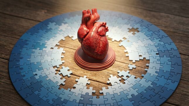 "Realistic human heart at center of incomplete circular puzzle."