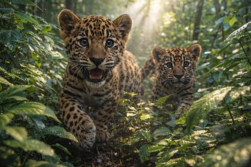 Naklejka premium Two adorable jaguar cubs emerge from lush green foliage in dappled sunlight