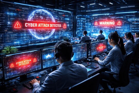 Cyber security team monitors network for cyber attack detection on screens
