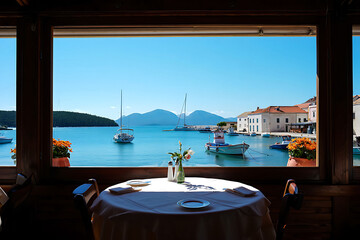 Obraz premium Idyllic Greek Harbor View from Restaurant Window Featuring Boats and Turquoise Water Creating a Vacation Atmosphere