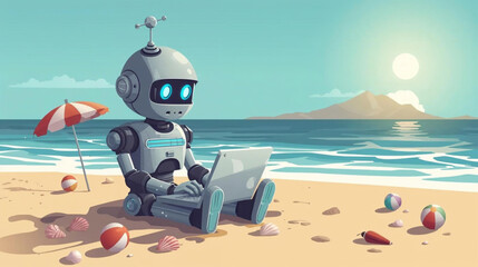 illustration of  a robot sitting on a sunny beach and typing on a laptop 