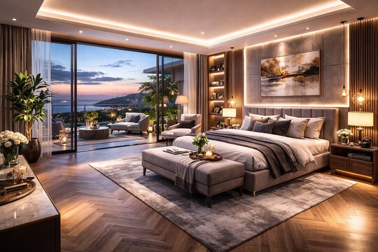 Luxurious bedroom with stunning ocean view at sunset and elegant interior design