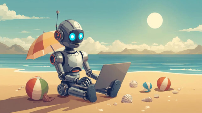 illustration of  a robot sitting on a sunny beach and typing on a laptop 