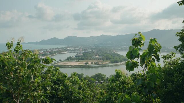 Aerial style view over Chaweng Lake and Koh Samui Airport area from Big Buddha hill Koh Samui Thailand