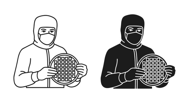 Semiconductor cleanroom technician holding silicon wafer, microchip manufacturing worker in protective suit, laboratory engineer vector icons
