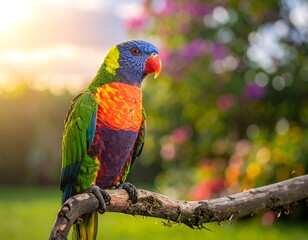 Naklejka premium A colorful parrot perched on a branch, showcasing its vibrant feathers against a blurred background. The image captures the parrot's natural beauty and the freshness of its environment.