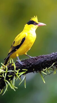 Striking black-naped oriole perched delicately upon a textured tree branch displaying vibrant yellow plumage against soft green light