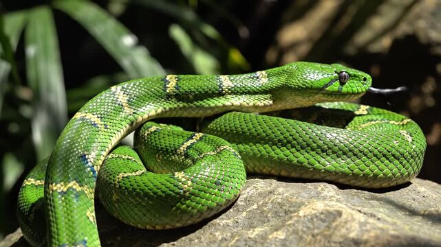 Vibrant Green Snake Coiled on a Sunlit Rock
