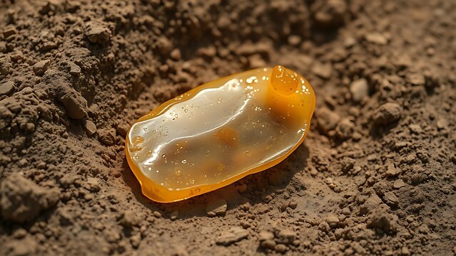 copal. Piece of semi-fossilized copal resin lying on soil at an archaeological site. gardening catalogs, home-decor guides, designed for home decor and floral branding, celebrates nature.