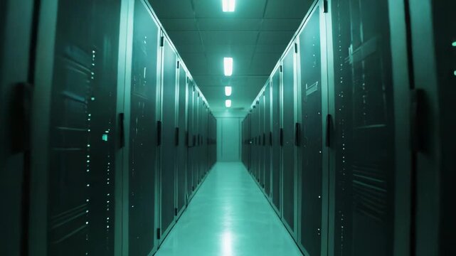 Server racks lining an aisle in a data center, forming a parallel perspective view, representing connectivity, storage, and advanced computing infrastructure