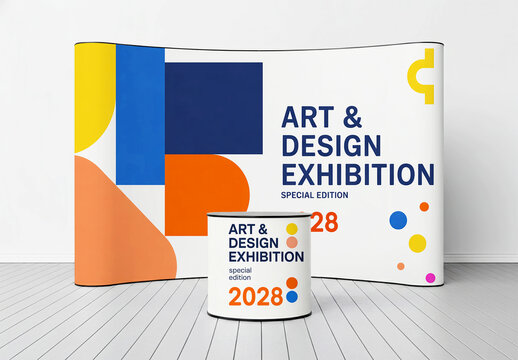 Art and Design Exhibition Backdrop Banner and Promotion Counter Mockup Set