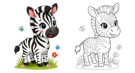 Fototapeta premium Colorful zebra illustration with floral background and line art counterpart