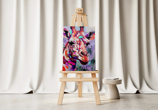 Colorful Giraffe Impasto Oil Painting Mockup on Wooden Easel in Minimalist Studio Interior