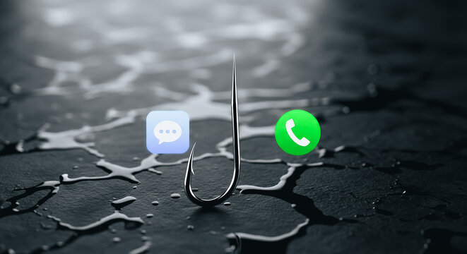 Cyber Security Metaphor with Fishing Hook Hooking Call and Message Icons to Illustrate Phishing and Vishing Fraud