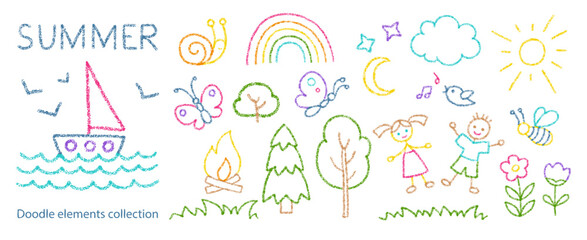 Kids crayon drawing of summer icons. Doodle pastel sun, boat in ocean, trees, rainbow and children. Summer elements set with flowers, bird, cloud, bee, snail, boy and girl, vector illustration © PollyVa