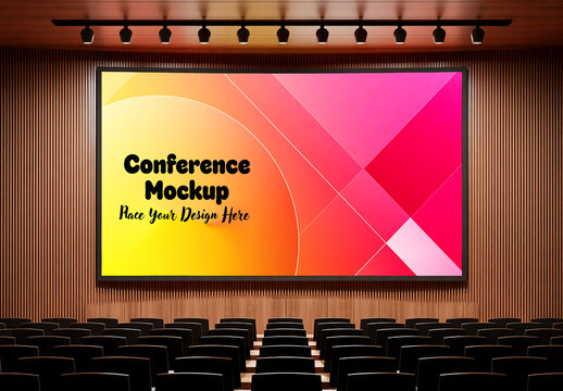 Conference Room Presentation Screen Mockup in Modern Auditorium with Wooden Walls