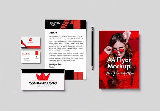 Corporate Stationery Branding Mockup Set with A4 Flyer Letterhead Business Cards and Envelope