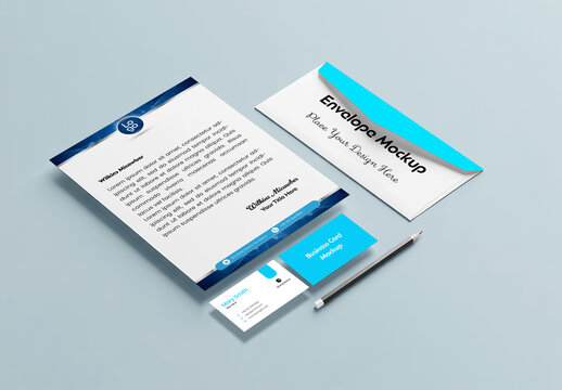 Corporate Stationery Branding Mockup Set with Letterhead Envelope and Business Cards on Blue Background