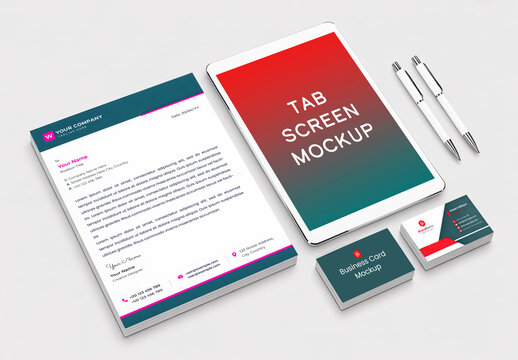 Corporate Stationery Branding Mockup with Tablet Screen Stack of Letterheads and Business Cards