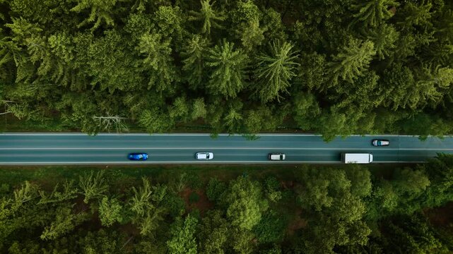 Machine driving through forest highway. Blue coupe moving under clear sky top view. Car traveling along road surrounded by tall trees. Vehicle cruising on quiet countryside route