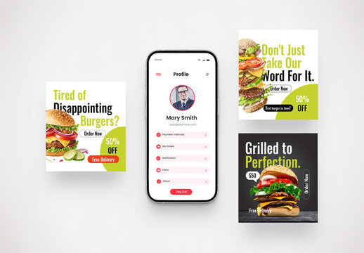 Food Delivery Mobile App UI Profile Screen and Burger Promotion Social Media Mockup