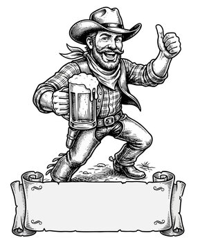 Engraved cowboy character with beard and hat holding beer mug, thumbs up gesture, decorative ribbon included, great for pub logos and craft beer packaging.