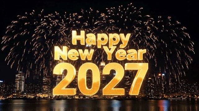 New Year Countdown Intro 2027, Dynamic golden fireworks explode over the midnight city skyline with glowing &ldquo;Happy New Year 2027&rdquo; text animation