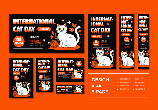 International Cat Day Banner Set with Cute White Cat Illustration and Yarn Ball